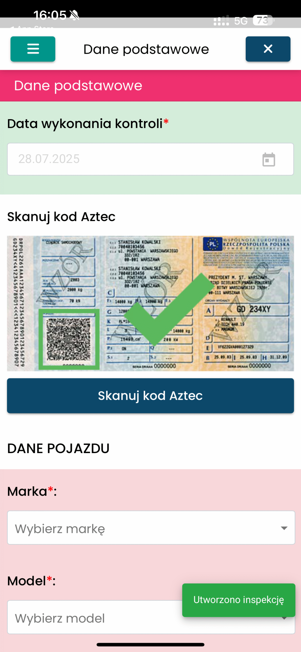 Dane pojazdu i skanowanie kodu Aztec