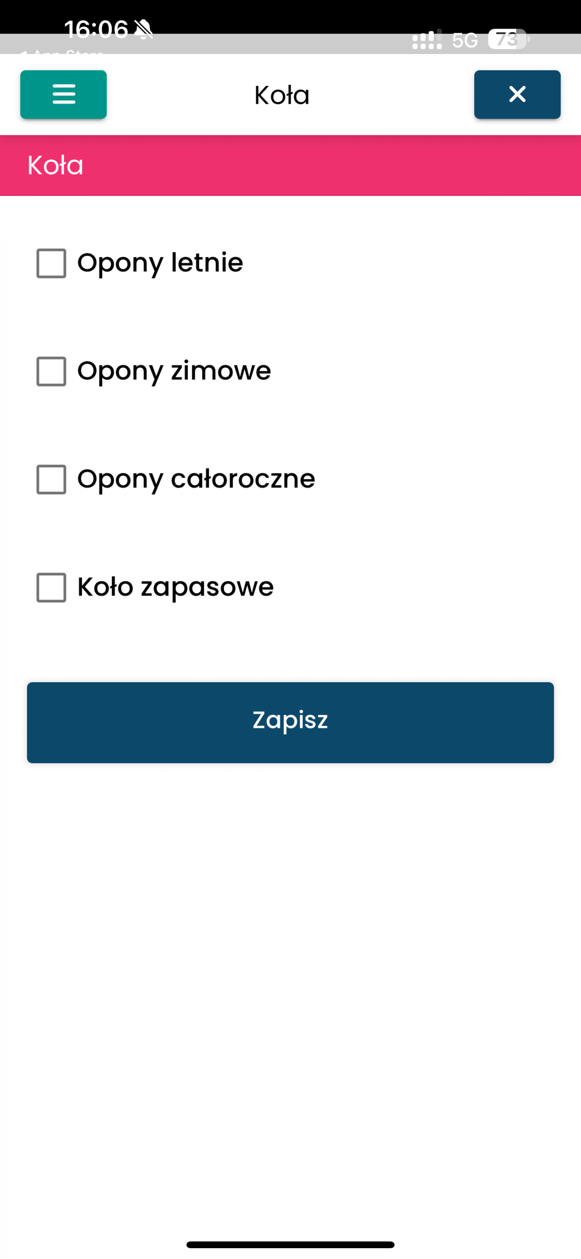 Lista typów opon i koła zapasowego