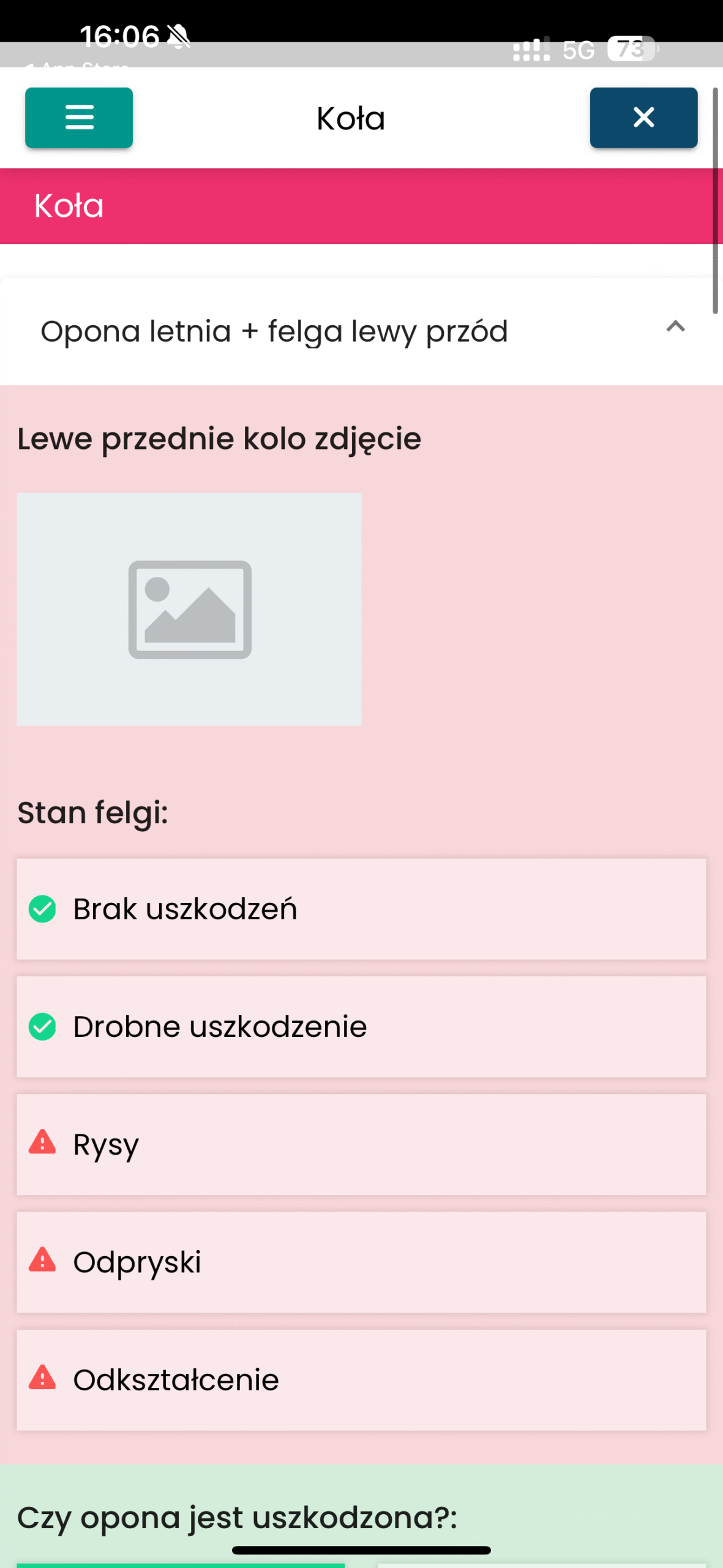 Zdjęcie koła i ocena stanu felgi