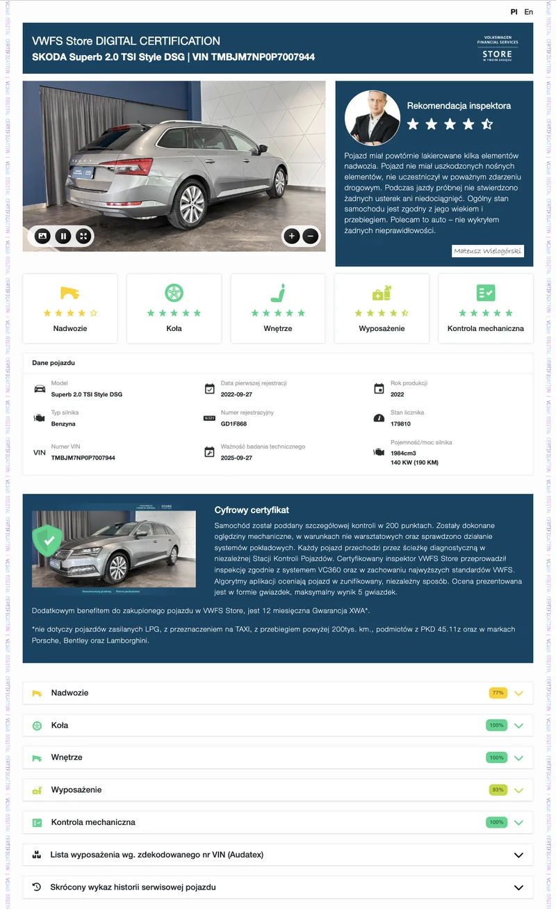 Inspection360 — VWFS vehicle certificate